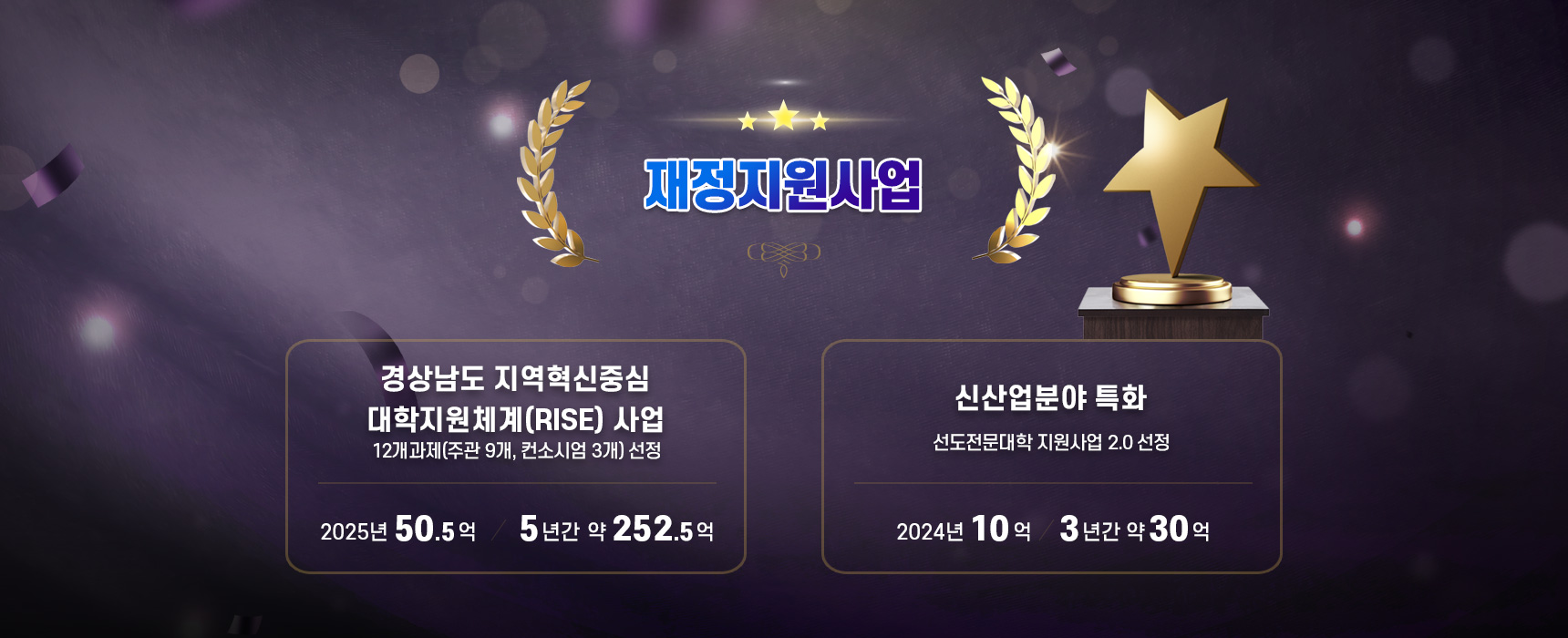 경상남도 지역혁신중심 대학지원체계(RISE) 사업  12개과제(주관 9개, 컨소시엄 3개) 선정    2025년 50.5억 / 5년간 약 252.5억
신산업분야 특화 선도전문대학 지원사업 2.0 선정 2024년 10억 3년간 약30억 